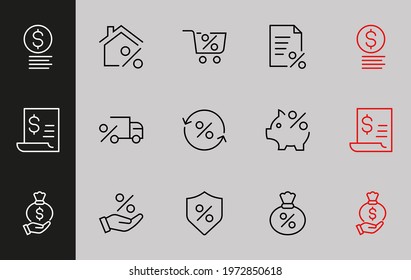 Credit Set Vector Line Icons Contains Icons of Percentage, Investment, Piggy Bank Percentage, Rates, Loan Interest, Business and more. Editable stroke, isolated icons