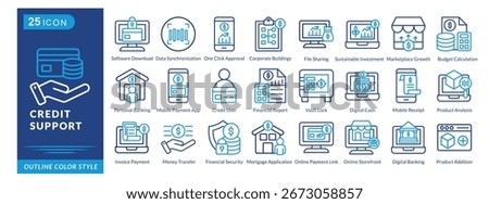 Credit Support icon set in outline color style, featuring Data Sync, Credit User, File Sharing, Digital Cash, Money Transfer, and Credit Tools.