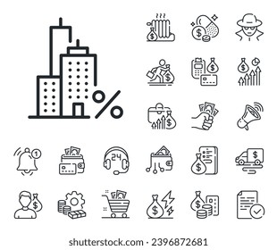 Credit tax rate sign. Cash money, loan and mortgage outline icons. Mortgage line icon. Real estate percent symbol. Mortgage line sign. Credit card, crypto wallet icon. Inflation, job salary. Vector