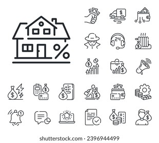 Signo de tipo de interés del crédito. Iconos en el esquema de dinero en efectivo, préstamos e hipotecas. Icono de línea hipotecaria. Símbolo de porcentaje inmobiliario. Signo de línea hipotecaria. Tarjeta de crédito, icono de cartera cripto. Inflación, salario laboral. Vector