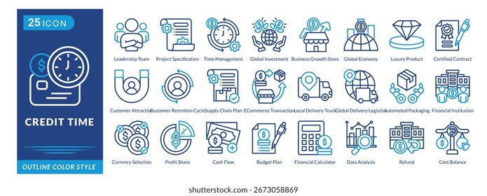 Icono de tiempo de crédito establecido en estilo de color de contorno, con Liderazgo, Gestión de Tiempo, Planes de Presupuesto, Reembolsos, Balance de Costos, Flujo de Efectivo y Análisis.