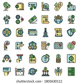 Credit union icons set. Outline set of credit union vector icons thin line color flat on white