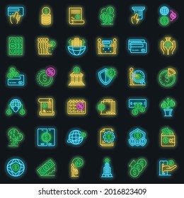 Credit Union Icons Set. Outline Set Of Credit Union Vector Icons Neon Color On Black