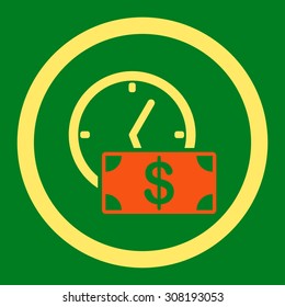 Credit vector icon. This flat rounded symbol uses orange and yellow colors and isolated on a green background.
