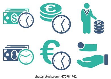 Credit vector icons. Pictogram style is bicolor cobalt and cyan flat icons with rounded angles on a white background.