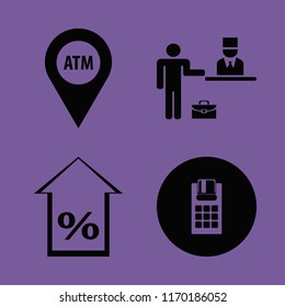 credit vector icons set. with check in hotel, pos terminal, atm location and percent up in set
