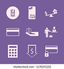 credit vector icons set. with gift card, calculator, credit card lock and dollar rate falling in set