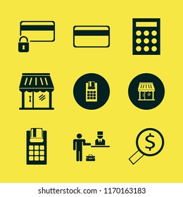 credit vector icons set. with pos terminal, credit card lock, looking money and check in hotel in set