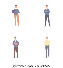 Creditor character icons set cartoon vector. Successful male lender character. Business and finance