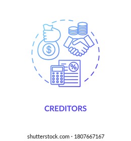 Creditor-Konzeptsymbol. Gelddarlehen. Unternehmensinvestitionen. Haftung von Unternehmen. Corporate und Financial Management Idee dünne Illustration. Vektor-Einzelbild-RGB-Farbzeichnung
