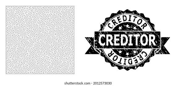 Creditor corroded stamp seal and vector square shape mesh structure. Black stamp seal includes Creditor caption inside ribbon and rosette. Abstract flat mesh square shape, designed with flat mesh.