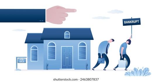 Creditor evicts bankrupt debtors from the house. No money to pay mortgage. The house is up for auction. Difficult economic condition of family borrowers. House for sale. Flat vector illustration