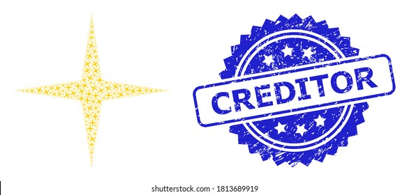 Estrella del espacio de intercalación de la estampilla de grunge del acreedor y de la recursión vectorial. El sello azul incluye la leyenda Creditor dentro de la rosette. El mosaico vectorial se organiza a partir de la repetición de elementos de estrella espacial rotados.