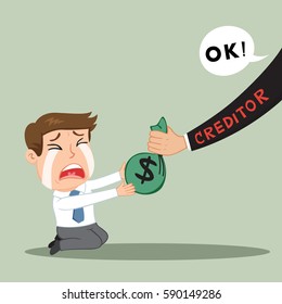 Creditor hand scramble money payment from poor debtor, vector illustration cartoon