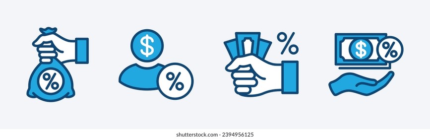 Creditor icon set. Loan provider business, lender, interest money loan, and money lending services icon symbol. Hand with money bag and percent sign. Vector illustration
