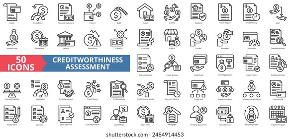 Conjunto de colecciones de iconos de evaluación de solvencia. Que contiene el icono de crédito, puntuación, estado financiero, ingresos, deuda, activo, pasivo, garantía. Vector de línea simple.