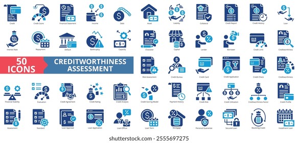 Creditworthiness assessment icon collection set. Containing credit, score, financial statement, income, debt, asset, liability, collateral icon. Simple flat vector.