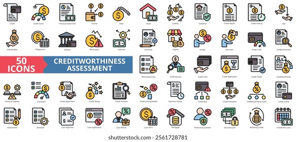 Creditworthiness assessment icon collection set. Containing credit, score, financial statement, income, debt, asset, liability, collateral icon. Simple flat outline vector illustration