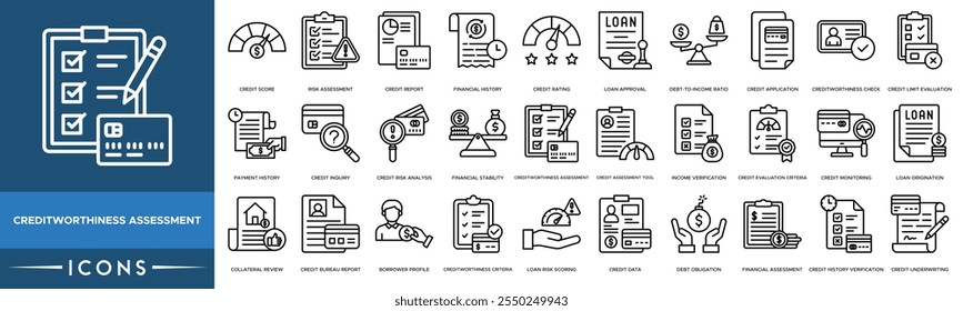 ícone Avaliação de solvabilidade. Pontuação de Crédito, Avaliação de Risco, Relatório de Crédito, Histórico Financeiro e Classificação de Crédito