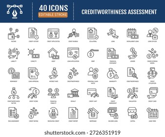 Conjunto de ícones de avaliação de qualidade de crédito. Inclui crédito, pontuação, demonstrativo financeiro, receita, dívida, ativo, passivo e mais. Ilustração vetorial com traçados editáveis
