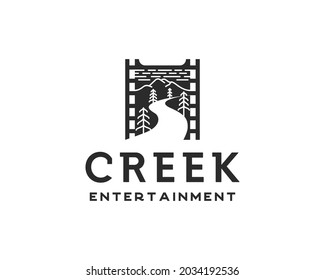 Creek entertainment logo. roll film with stream and mountains logo design template