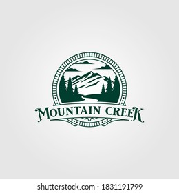 creek and mountain vintage logo vector illustration design, vintage outdoor logo design