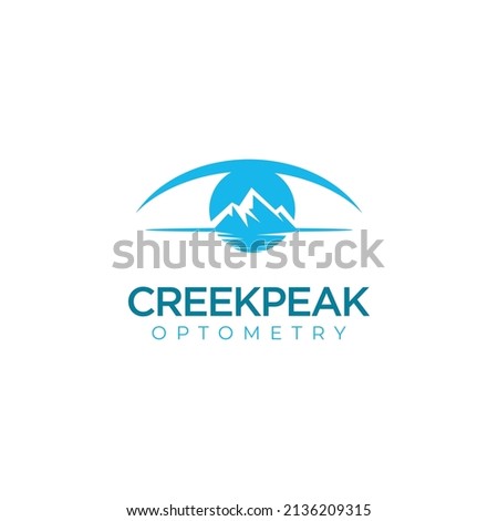 creek peak optometry logo, sky mountain river and sun combine to be eye vector