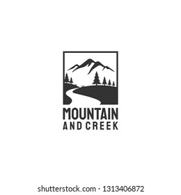 creeks and mountain view logo designs with evergreen/ fir/pine trees. 