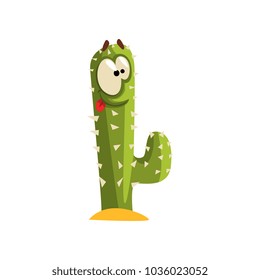 Creen cactus character with big eye, succulent plant with funny face vector Illustration on a white background
