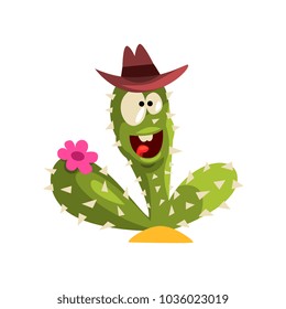 Creen cactus character with hat and flower, succulent plant with funny face vector Illustration on a white background