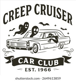 Creep Cruiser Car Clud Est 1966 - Trending Spooky Halloween T-shirt Vetor, Temporada Da Ilustração Bruxa, Cotas De Férias Assustadoras
