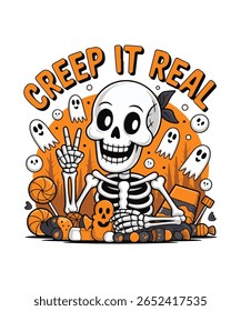Creep It Real Skeleton And Cute Ghosts Art Funny Halloween Design for T-Shirts, Mugs And Digital Prints. Spooky Season Vibes