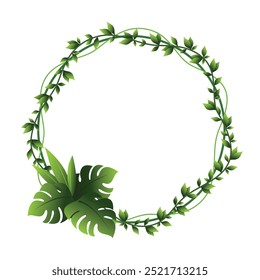 Marco de enredadera verde planta tropical hojas Vector de borde circular ilustración plana. Florecer la jungla botánica exuberante hoja circular límite con follaje natural orgánico vegetariano ornamento decorativo