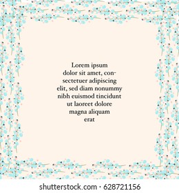 Creeper leaves with blue flowers frame. Copyspace in the middle for your text. Vector illustration