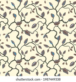 Creeper seamless pattern with small leaves on curly branches. Autumn vintage floral texture. Simple abstract ornamental background. Stylish repeat decorative print
