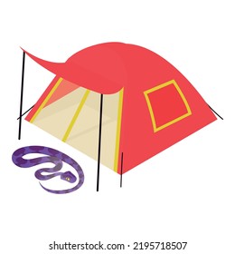 Creeping snake icon isometric vector. Brightly colored snake near camping tent. Camping, ecotourism, summer rest, recreation, journey, danger