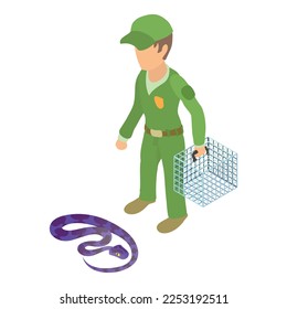 Creeping snake icon isometric vector. Man in uniform near brightly colored snake. Reptile capture, herpetology