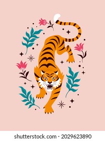 Creeping Tiger concept art. Vector illustration of a cartoon roaring tiger surrounded by plants and flowers. Isolated on light pink background