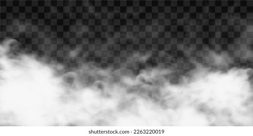 Creeping white fog. Smoke or gas clouds. White cloudiness. Realistic vector illustration isolated on transparent background.