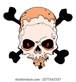 Creepy ancient skull with crossed bones illustration. Goth style. T-shirt print for Horror and Halloween. Hand drawing illustration isolated on white background. Vector EPS 10