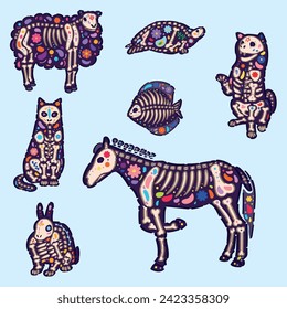 Creepy animals with drawn skeletons on light blue background. Me
