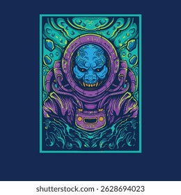 astronauta assustador com ilustração de arte de fundo verde