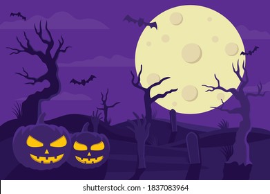 A creepy atmosphere at the cemetery on Halloween night, you can see scary pumpkins and zombies coming out of the ground and bats flying during the full moon.