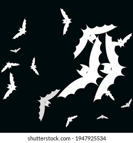 Creepy Attack Night Retro Art Flying Bats Fabrics. Motion Chaos Light Bats Vector Background. White Sky Gothic Print Modern Style Simple Art. Scary Black Funny Spooky Halloween Art Illustration.