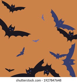 Creepy Attack Scary Gothic Simple Art. Motion Retro Purple Chaos Sky Bats Vector Background. Print Spooky Colorful Night Flying Bats Art Pattern. Orange Eyes Black Violet Halloween Art Illustration.