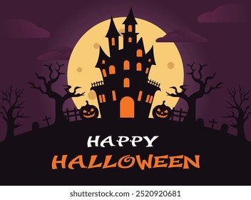 Creepy background illustration, silhouette of a haunted castle against a full moon background, bare trees, and pumpkins appear spooky under an eerie purple sky.