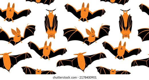 Creepy bat animal cartoon seamless pattern illustration. Scary halloween celebration vampire bats background in modern hand drawn doodle style.