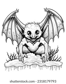 Creepy Bat line art design, Creepy Bat Coloring page 