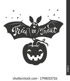 Creepy bat with Trick or Treat phrase hand written on it, carved spooky pumpkin and candies on orange background. Vector illustration for Halloween party invitation, greeting card, holiday poster