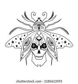 Creepy beetle with Mexican skull skeleton human face in dark boho style, horror insect vector clipart illustration. Gothic, macabric weird concept art. Great for Halloween party, t-shirts printing